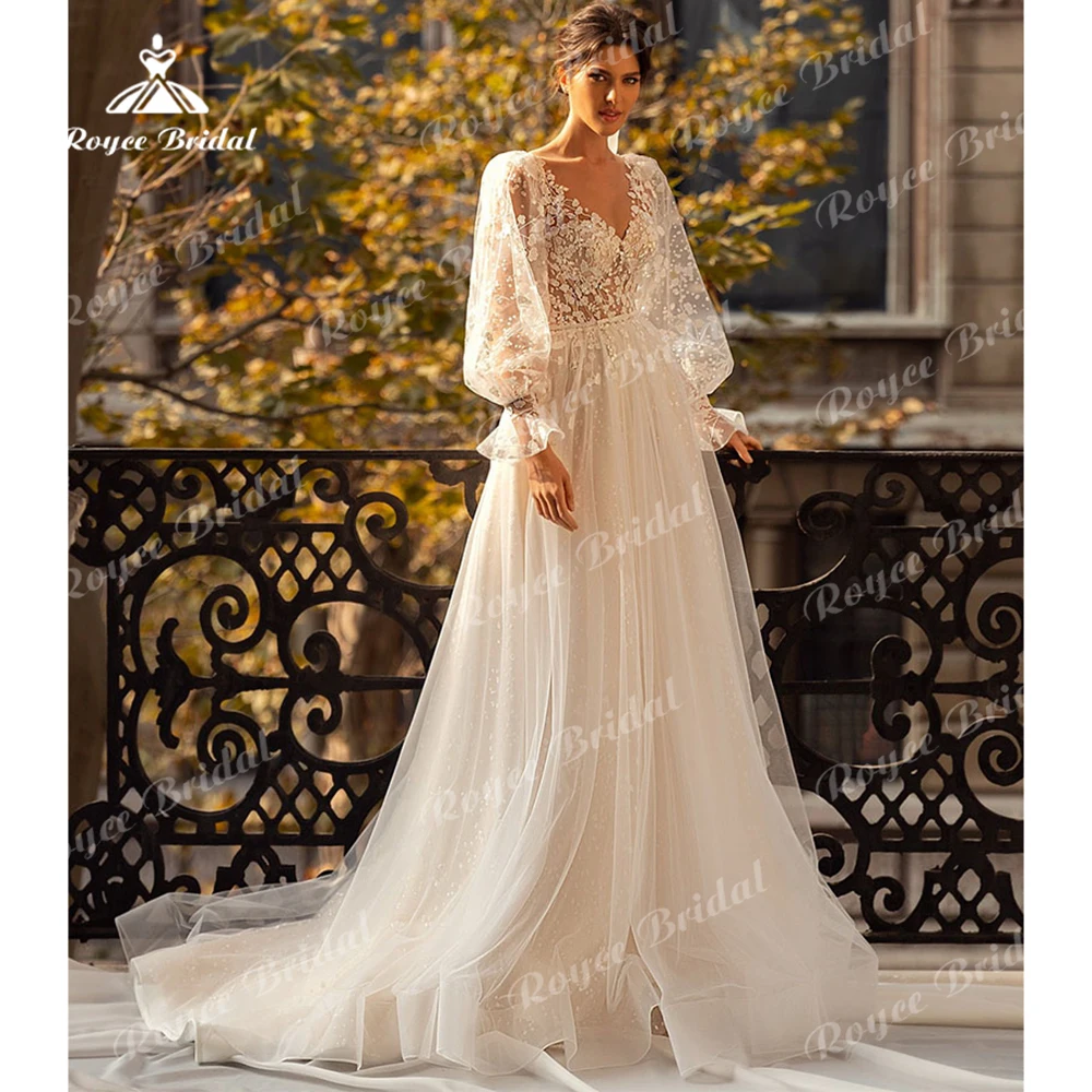 Romantic Flower Lace Wedding Dress Princess Bridal Gown Long Sleeves V Neck See-through A Line Sweep Train Wedding Dress vestido