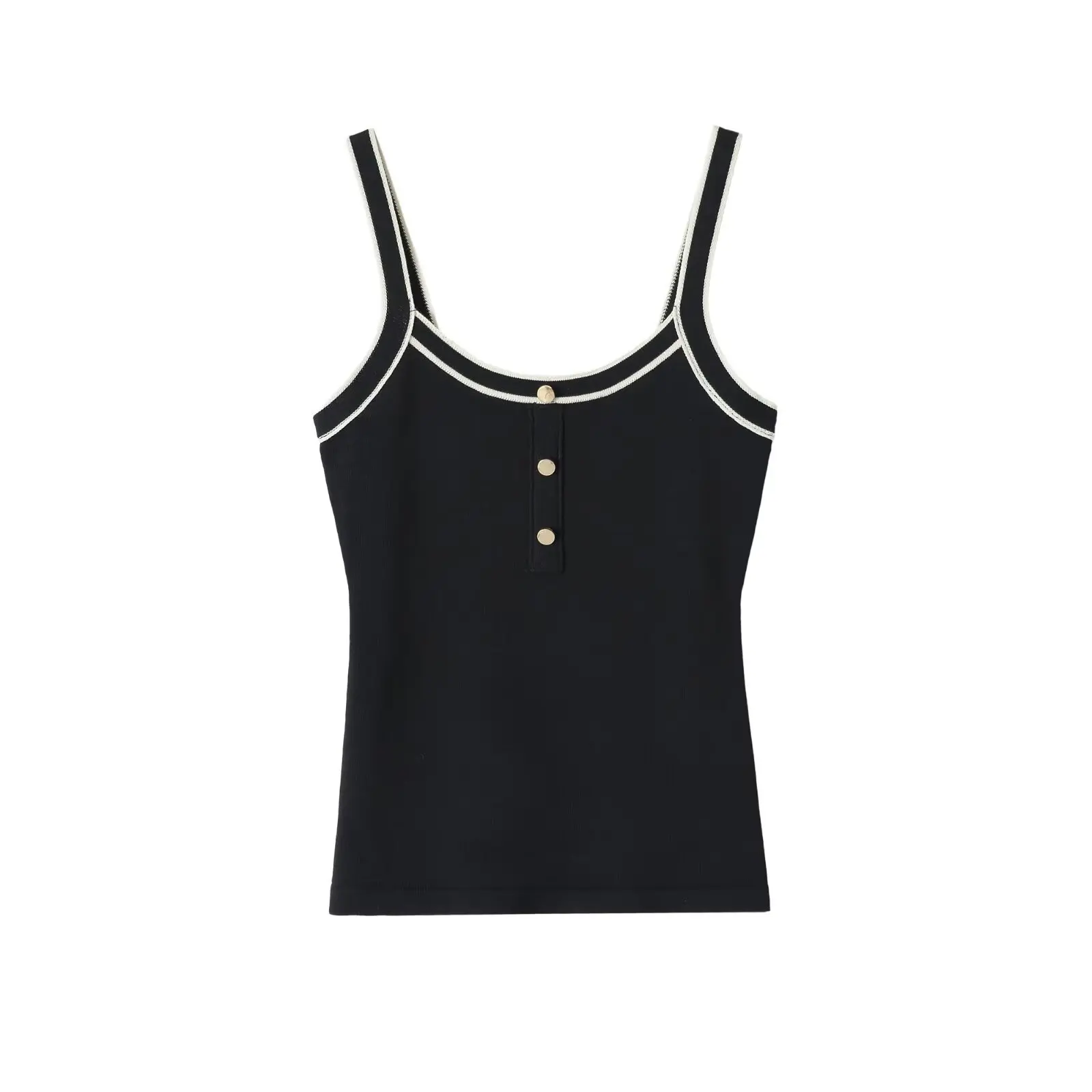 Contrast Trim Knit Tank Top Women Summer Scoop Neck Camisole Casual Elegant Metal Button Tops Black Slim Ribbed Vest Jumper