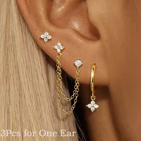 3PCS Fashion Four Zircon Flower Dangle Hoop Stud Earring Set For Women Stainless Steel Double Stud Chain Huggie Piercing Jewelry