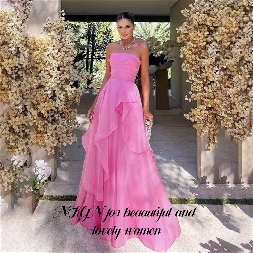 

RFYR Pink Long Party Dresses Vintage Newest Strapless Night Dress Beach Pleat Layer Tulle Tiered Celebrity Dress Gown Customized