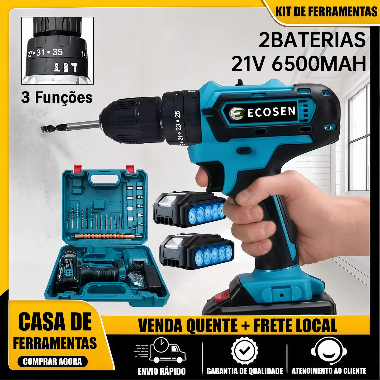 Furadeira Parafusadeira Impacto 3 em 1 21V 6500mAh com 2 Baterias, Kit Completo com 28 Peças e Carregador Bivolt