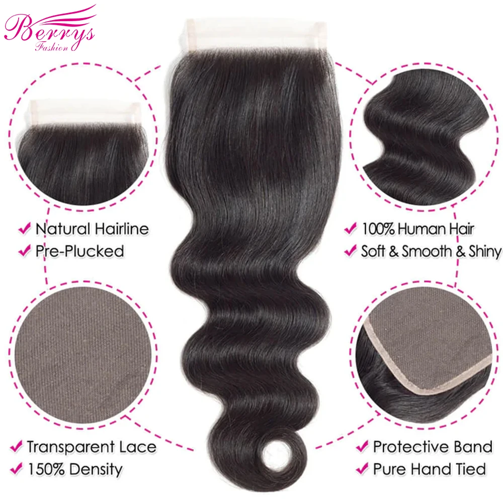 Berrys-Cabello Humano ondulado para mujer, accesorio capilar brasileño con cierre frontal de encaje, 6x6, HD, 4x4, 5x5