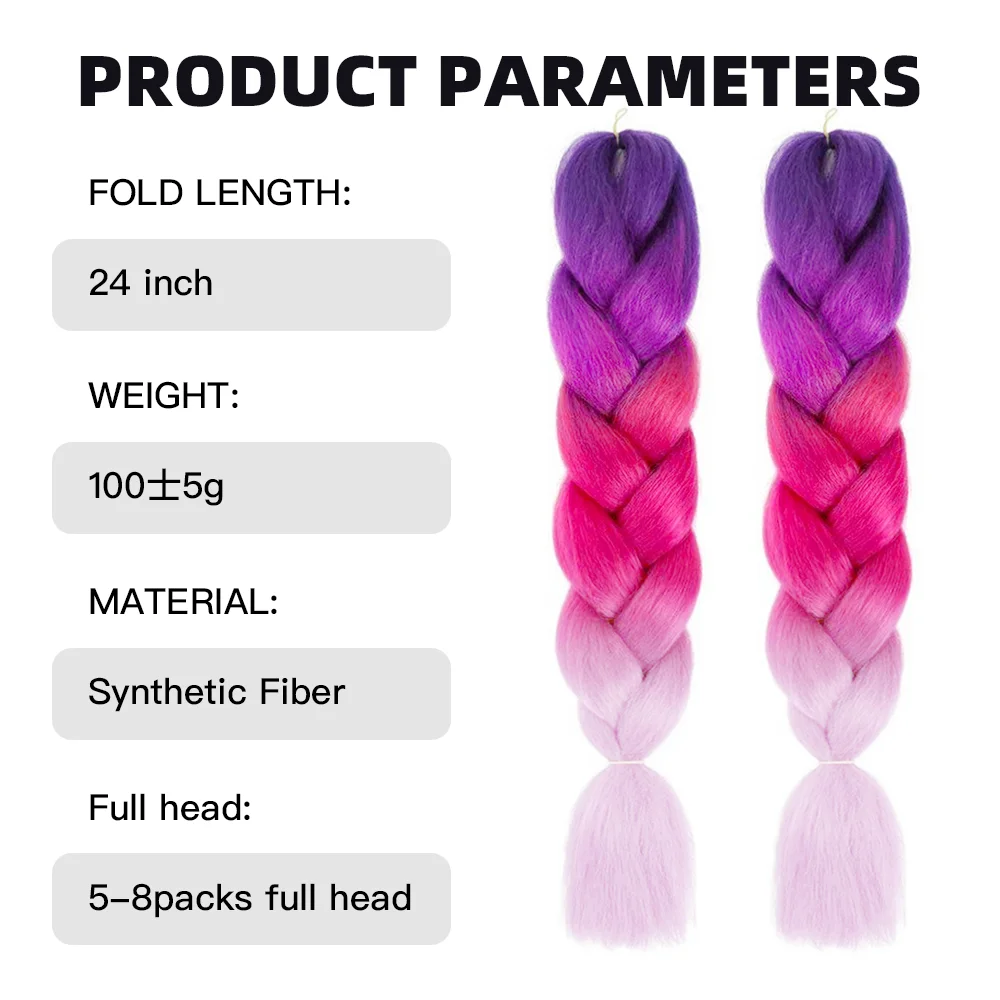 Ombre Jumbo Braiding Hair para Mulheres, Crochet Twist, Box Tranças, Rainbow Colorido, Extensões De Cabelo Sintético, 24"