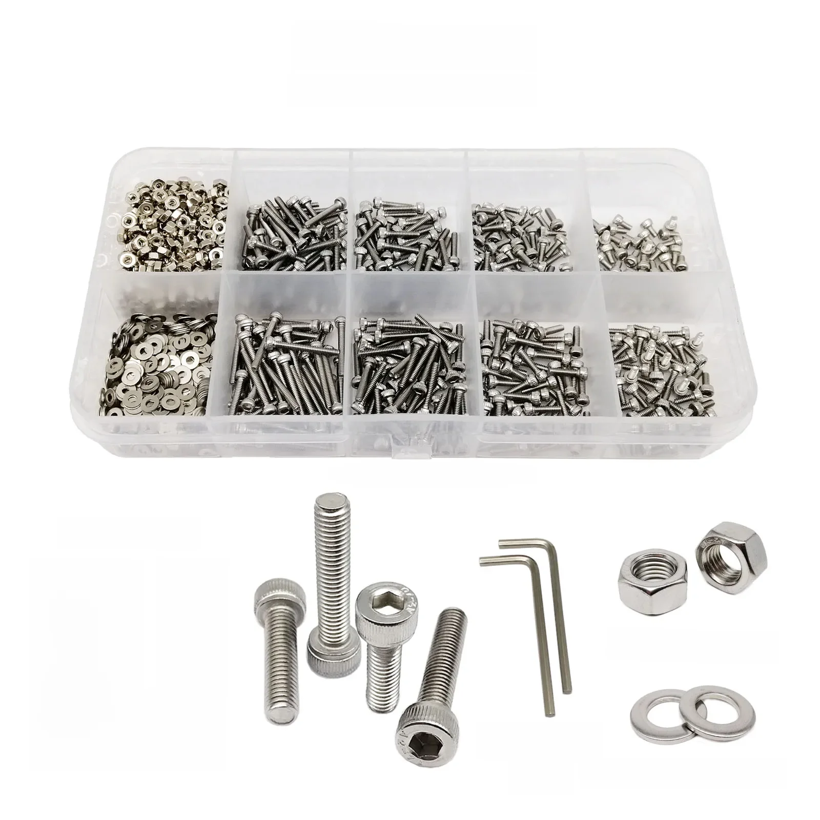 1 Box M1,6 M2 M2,5 M3 M4 M5 M6 M8 DIN912 304 A2 Edelstahl Sechskant Innensechskantschraube Bolzen Mutter Sortiment Kit