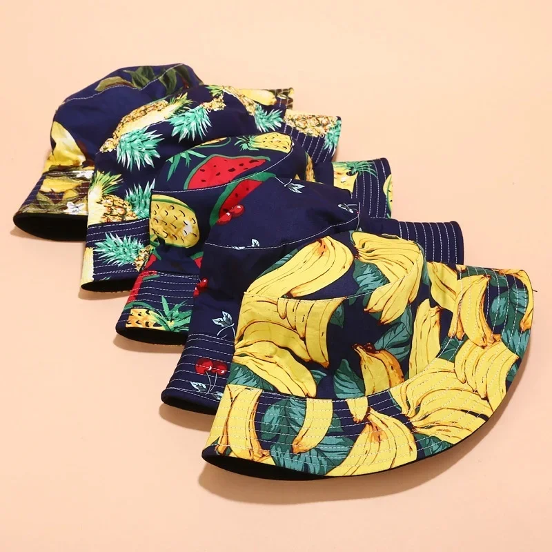 Chapeau de pêcheur Fruits frais pour hommes et femmes, cerise, citron, ananas, banane, fruits tropicaux, seau en coton, Bob Gorros, casquettes de voyage de plage