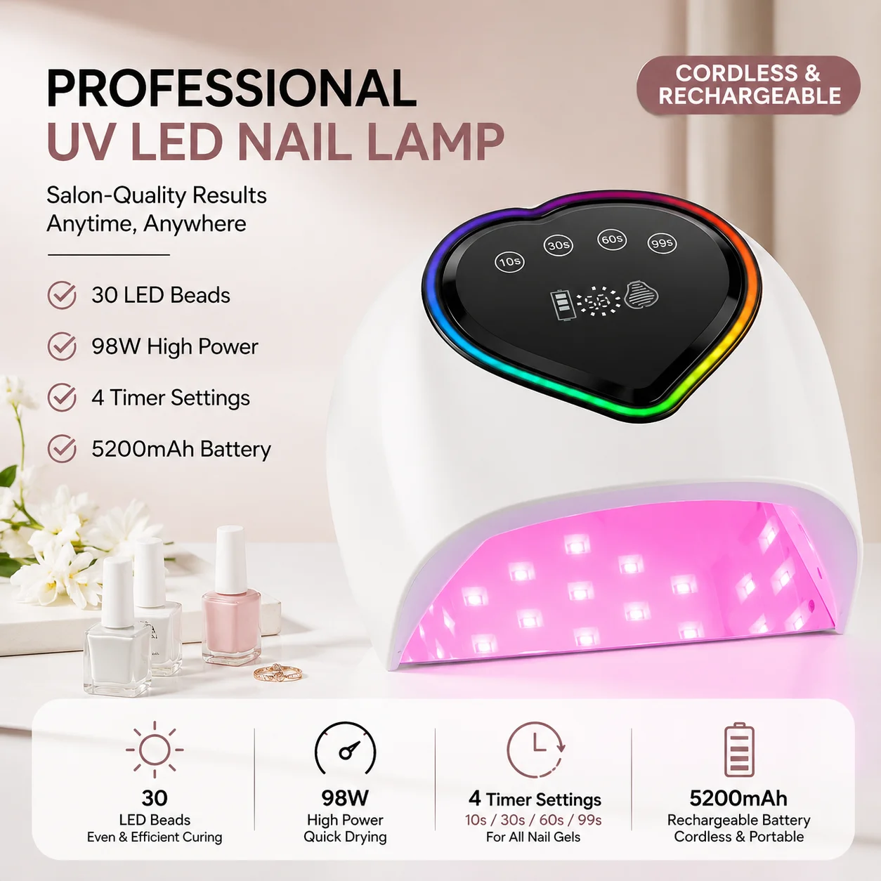 98W Nail Curing Lamp , Heart Shape Wireless Rechargeable , Fast UV/LED Gel Nail Dryer for Salon & Home Use WHITE