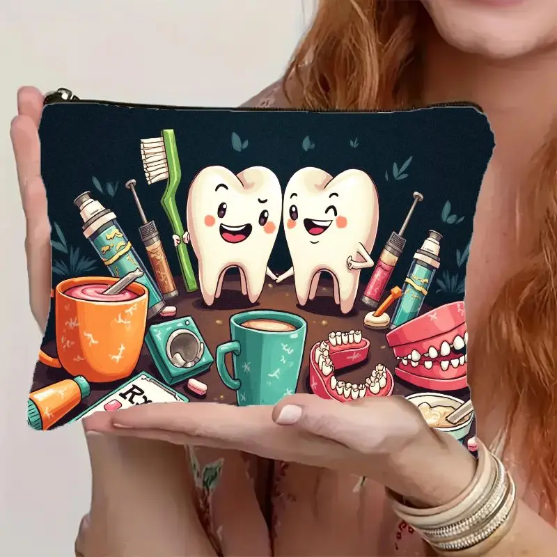 1Pc Cute Toothbrush, Dental Tools, and Cup in Retro Design, Multifunctional Travel Makeup Bag, Snack Storage Bag, Stationery Storage Bag, Fashionable Toiletry Bag, Canvas Double-Sided Printed Zipper Pouch