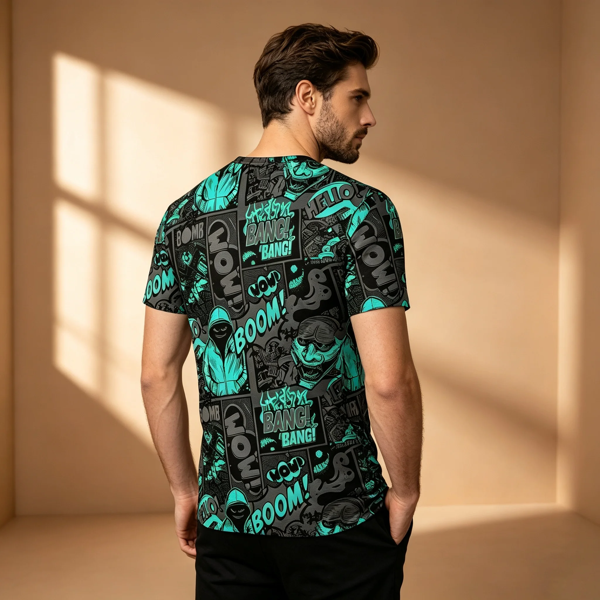 Men Green Black Comic Graffiti  Print T Shirt  Cartoon Pattern O Neck Short Sleeve Streetwear Graphic Tee