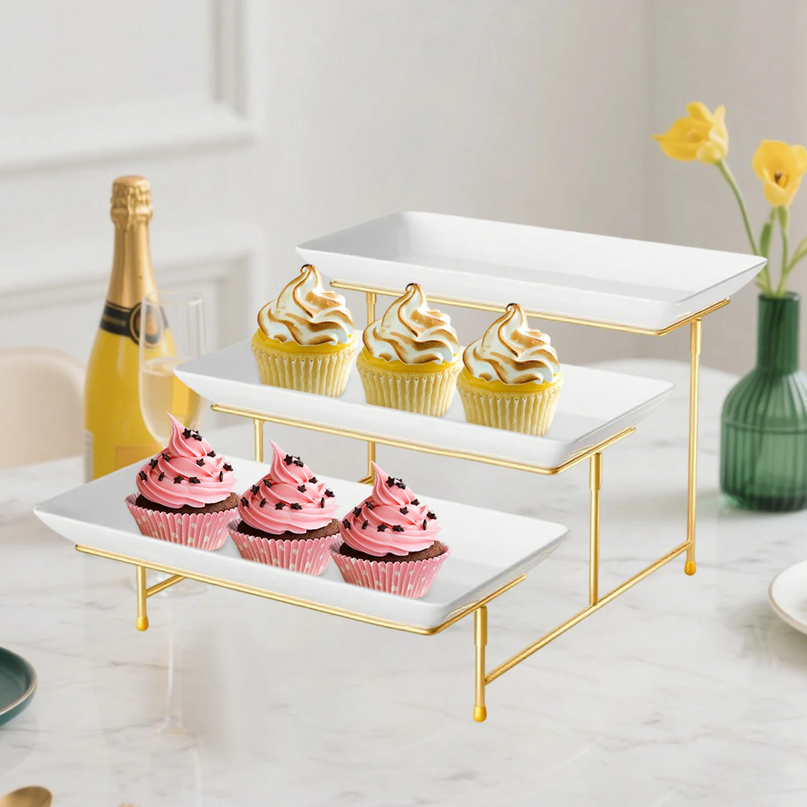 3 Tier Rectangular Serving Platter Stand Set for Party Food Display Entertaining Dessert Cookies Wedding - Display Set