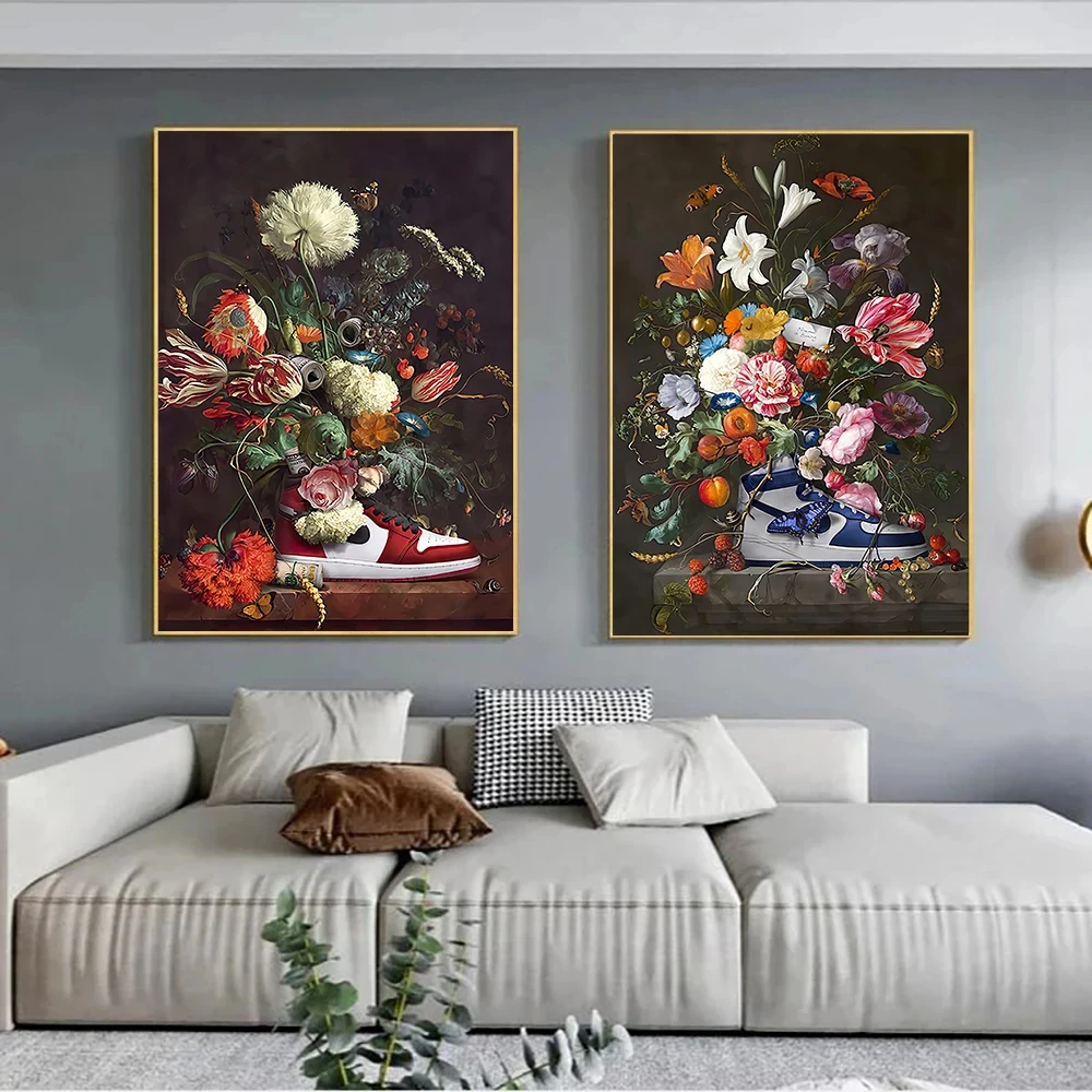 Still Life Poster Vintage Flowers Sneaker Canvas Paintings,Prints  Nordic Wall Art Picture Home Decor Gift Cuadros Unframed