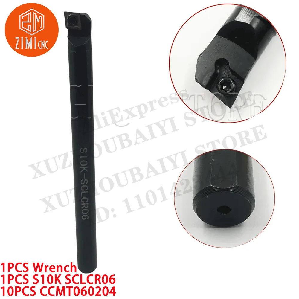 1PCS S10K SCLCR06 10*125mm CNC Lathe Internal Turning Tool Holder + 10pcs CCMT060204 Carbide Inserts CNC mechanical cutting tool