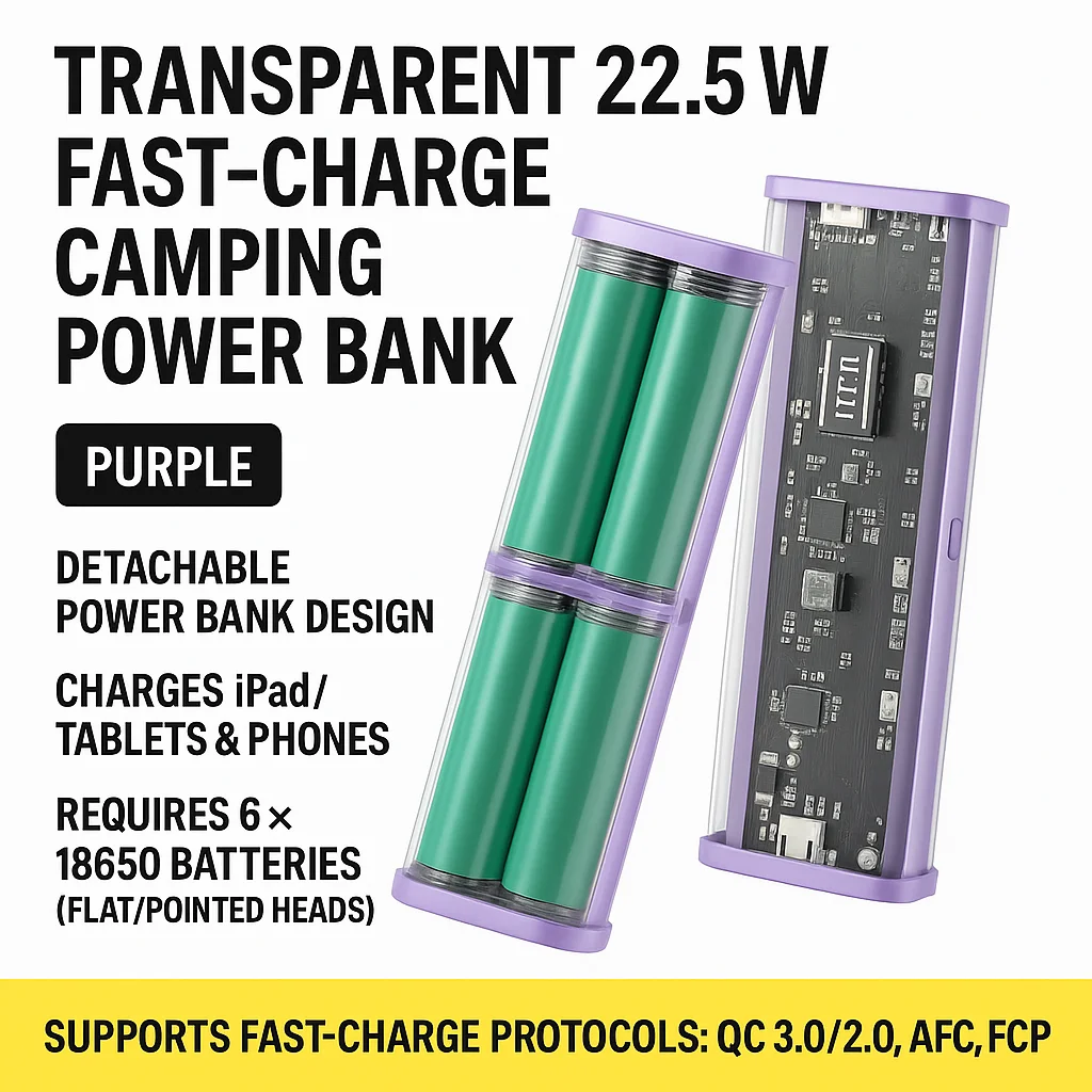DIY 18650 Power Bank Shell Kit with LED Camping Light | 22.5W Fast Charging QC3.0 Type-C Output | No Battery Included