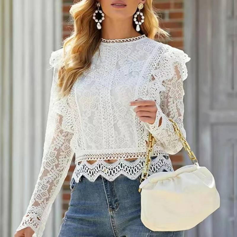 

Casual Tops Womens Blouses Trim Lace Blouse Stand Collar Long Sleeve Elegant Hollow Out Floral Lace Crop Top Office Ladies Shirt