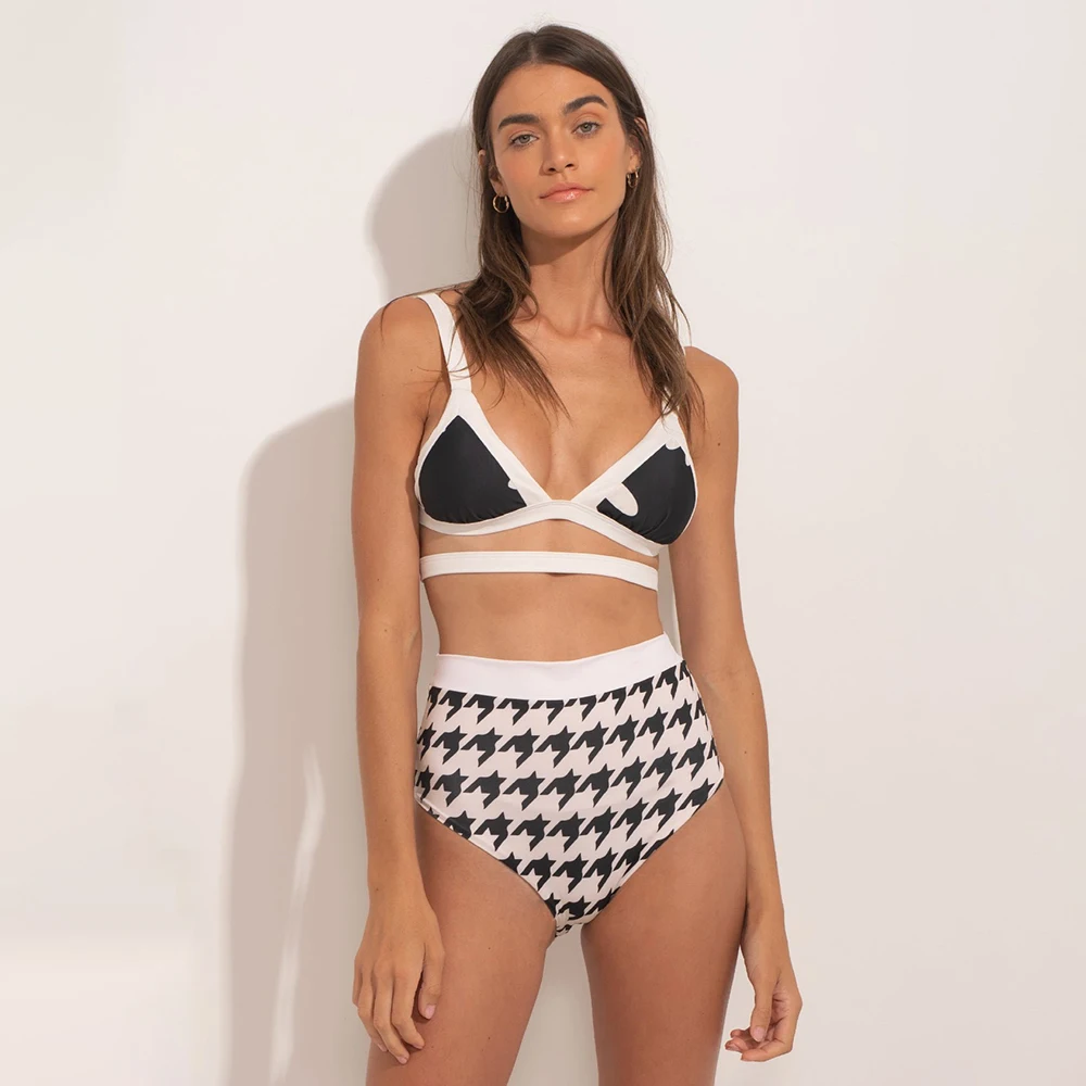 Colorblock Printed Swimsuit High Waist Tight Two Piece Bikini and Skirt Simple Elegant Beachwear2024 Summer