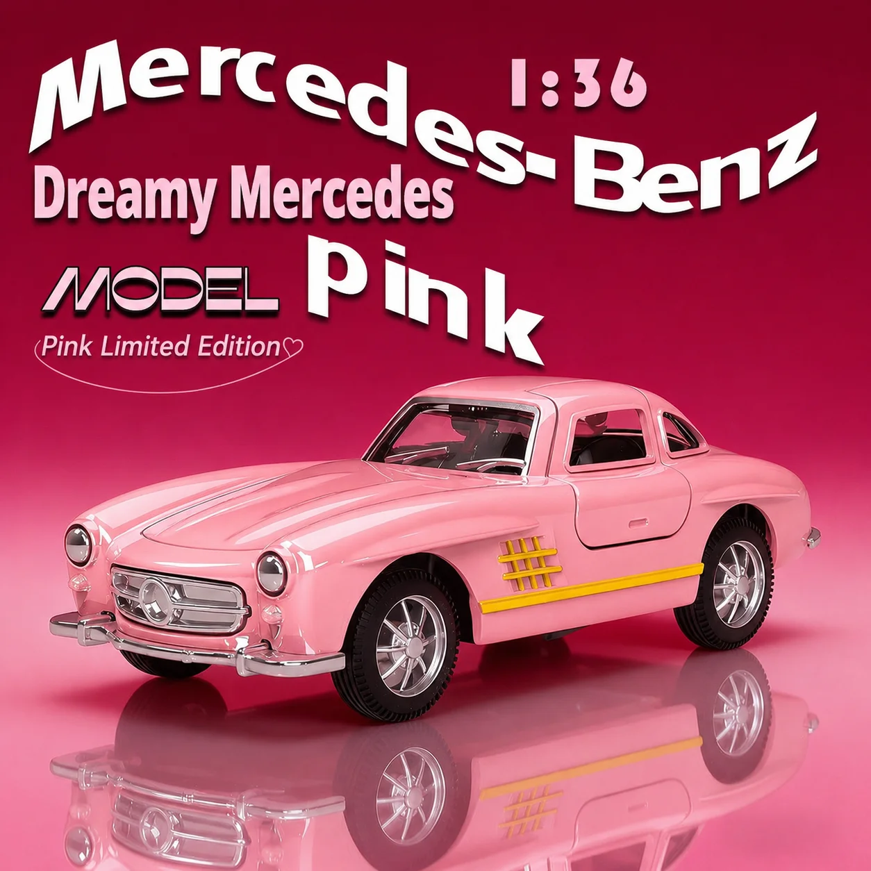 

1:36 Pink Classic Sports Car Alloy Model, Pull-Back Toy with Opening Gullwing Doors, Diecast Collectible for Kids & Adults