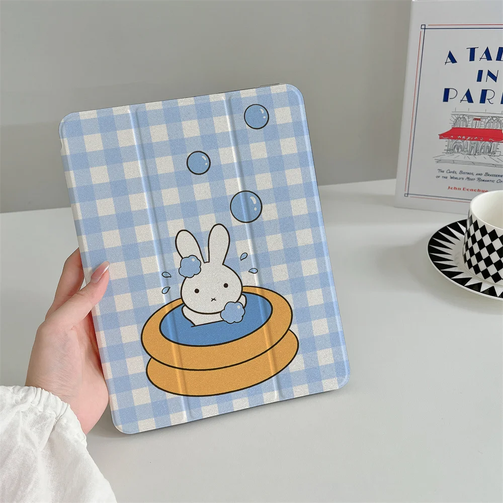 Kawaii Cute Bath Bubble Miffy Blue Plaid Soft Leather iPad Tri-fold Stand For iPad 11