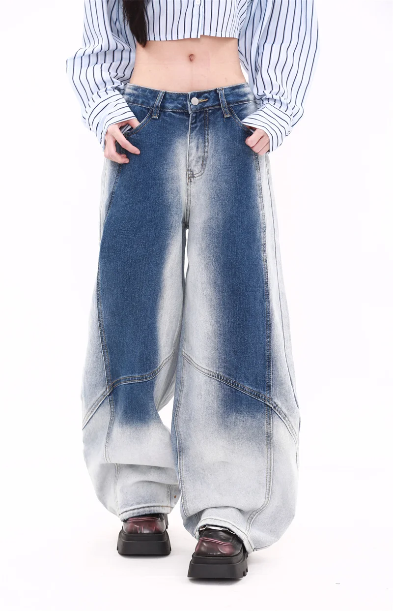 

Women's Washed Gradient Blue Jeans 90s Y2k American High Waist 2000s Vintage Dropping Wide Legs Streetwear Chic Casual Trousers