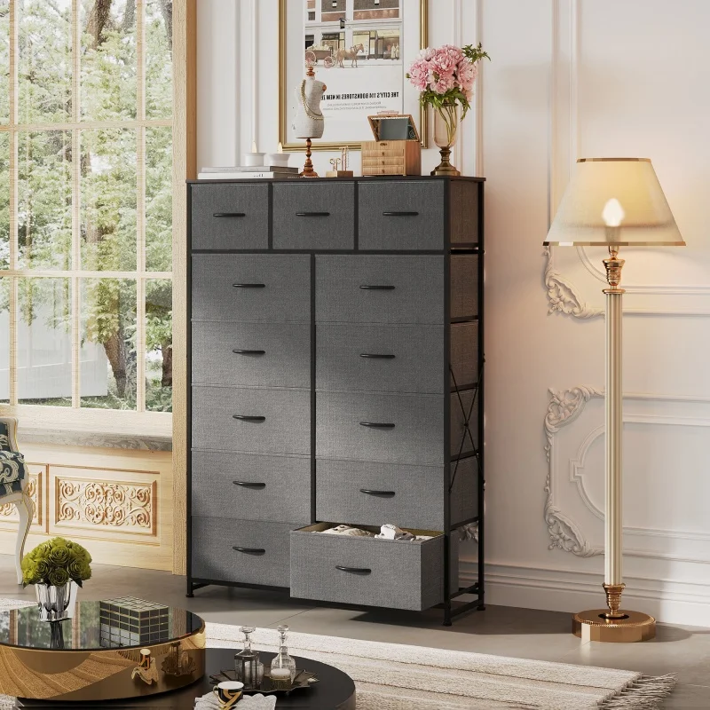 GALAXHERO طويل القامة مضمد 13 درج تخزين النسيج المنظم الصدر خزانة غرفة النوم إطار فولاذي قوي الخشب العلوي ريفي الخشب الحبوب