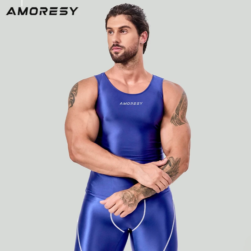 AMORESY Uranus series color-blocked fashion spandex tight sports hurdle vest men\'s running breathable