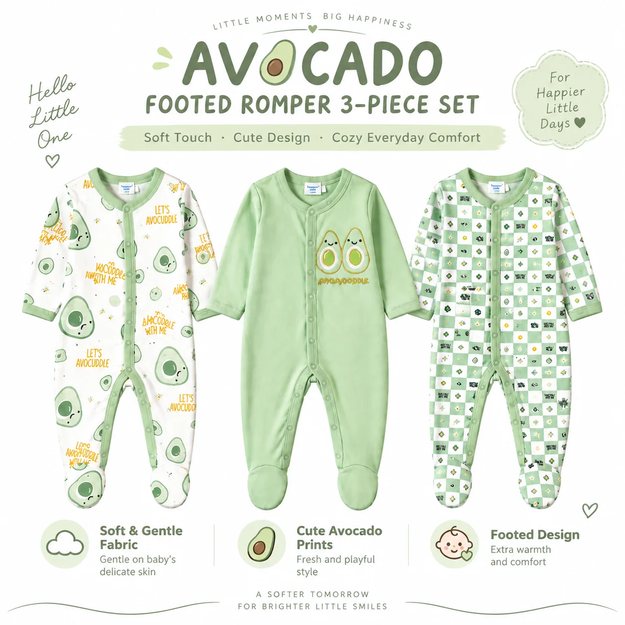 3Pcs Baby Footed Rompers 0-6 Months Long Sleeve Avocado Print Cute Infant Clothes Boys Girls Everyday Outfit Set
