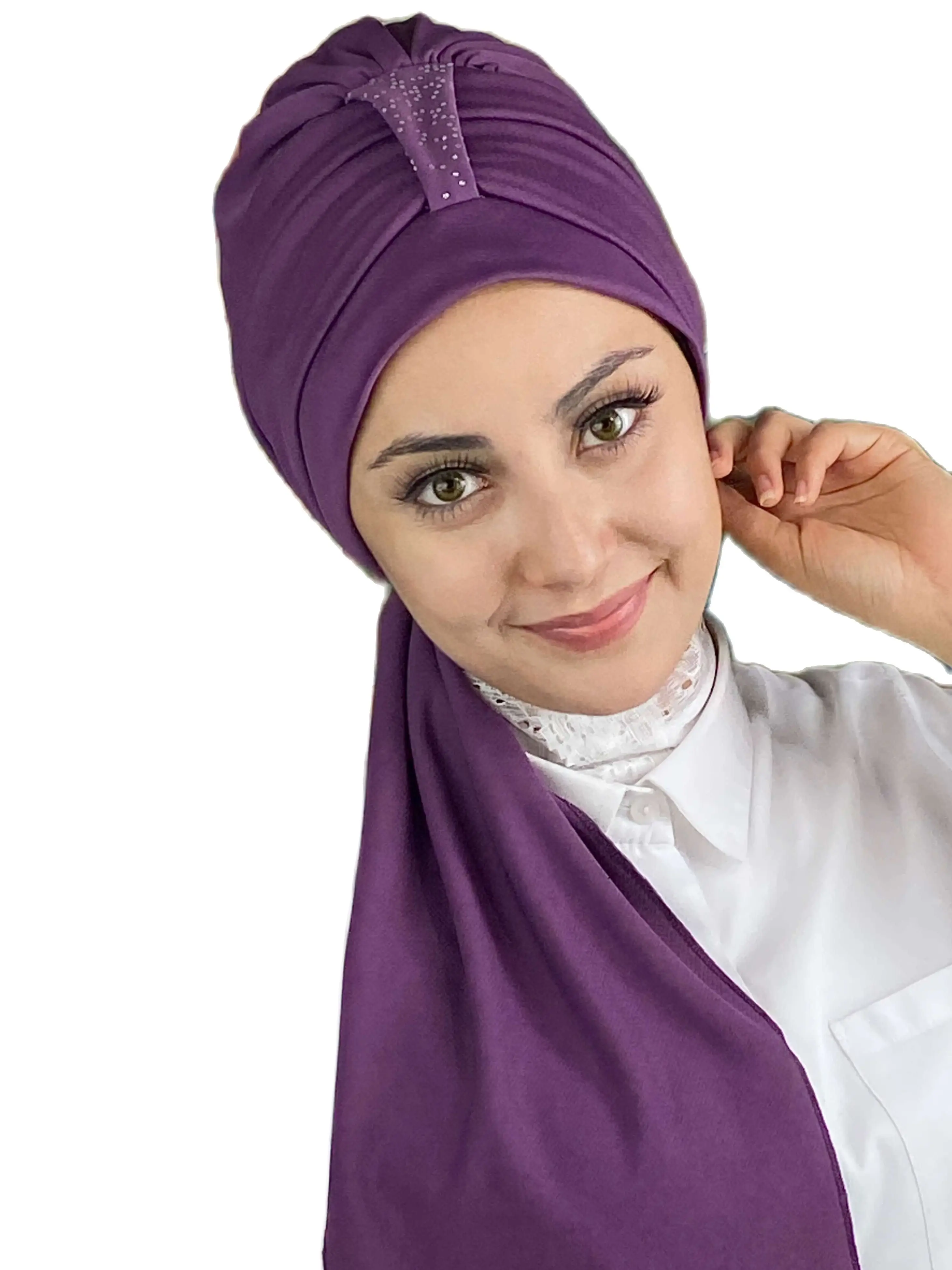 2023 New Fashion Hijab Woman\'s Hat Islamic Top Wear Foulard Shawl Hürrem Stone Single Piece Scarf Light Purple Bonnet