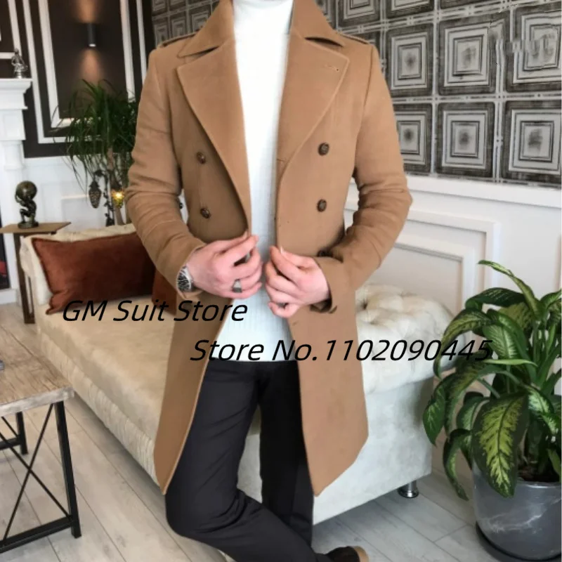 Traje largo de estilo británico para hombre, abrigo ajustado de negocios de doble botonadura con solapa guapo, cálido e informal, Color sólido,