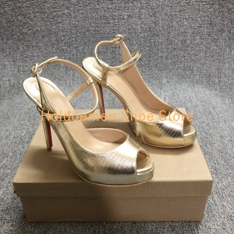 

Sexy Peep Toe Women Sandals Gold Textured Round Toe Stiletto Sandals Ankle Strap Tower Buckle Summer Dress Shoes Large Size Shoe
