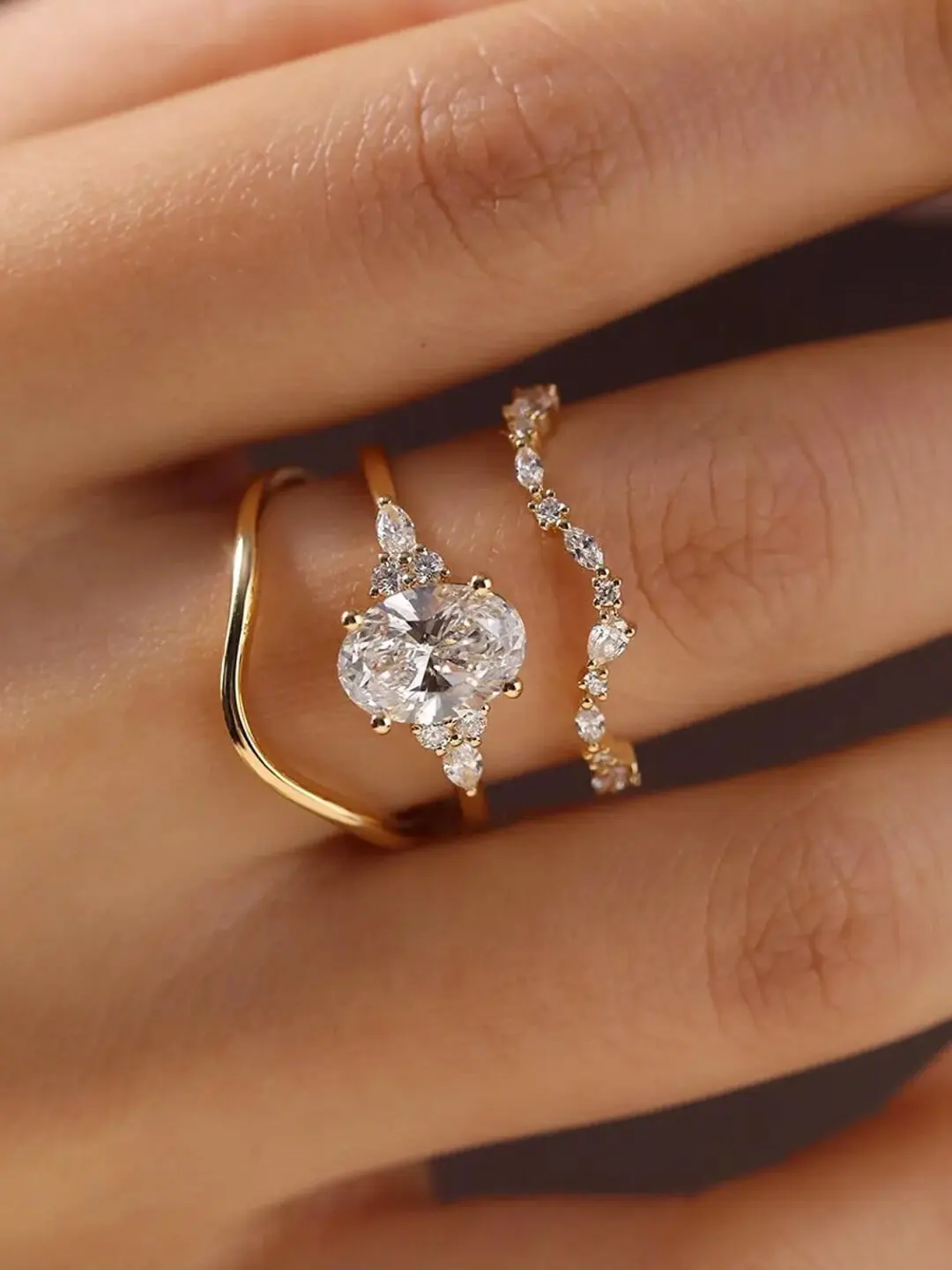 

Three-Piece S925 Light Luxury Gold Sparkling Diamond Sterling Silver Ring Set, Bridal Wedding Proposal Silver Ring Set, Suitable for Daily Wear/Travel/Party Stacking, Elegant Rings, Gift for Lover, Friend, Bestie, Birthday Gift, Women's High-End Jewelry