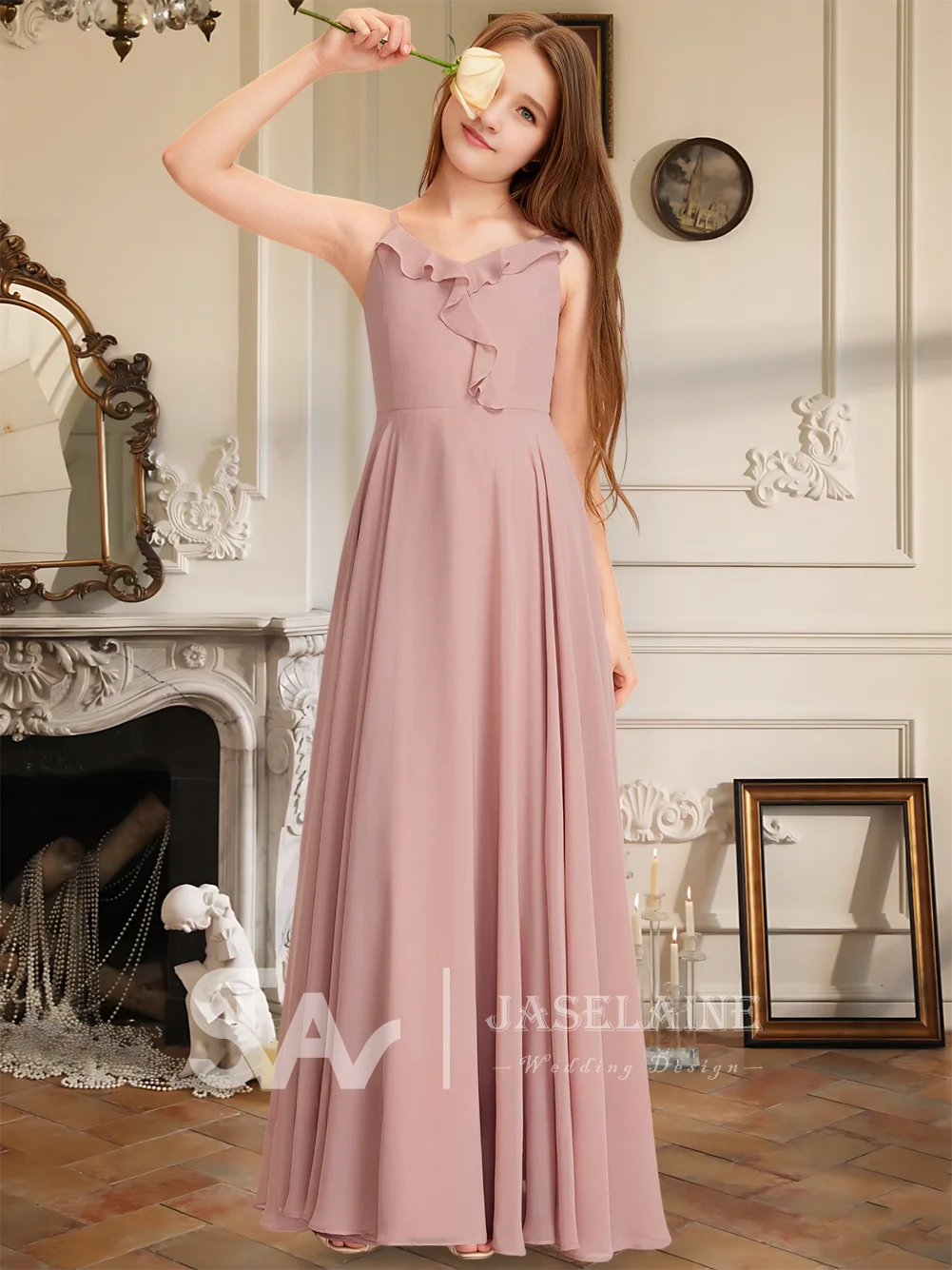 

A Elegant A-Line V-Neck Floor-Length Chiffon Junior Bridesmaid Dress Flower Girl Dress Party Wedding Formal Occasion Teens Kids
