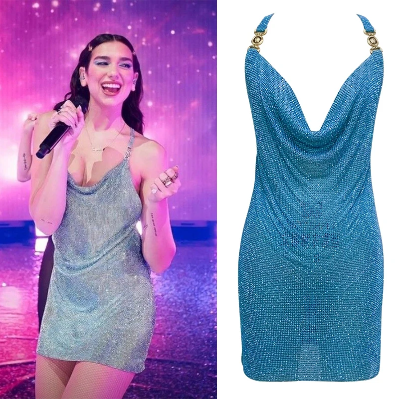 Dua Lipa lewitujące inspirowane diamentowe sukienki niebieski kryształ Rhinestone Chainmail Mini sukienka na imprezę