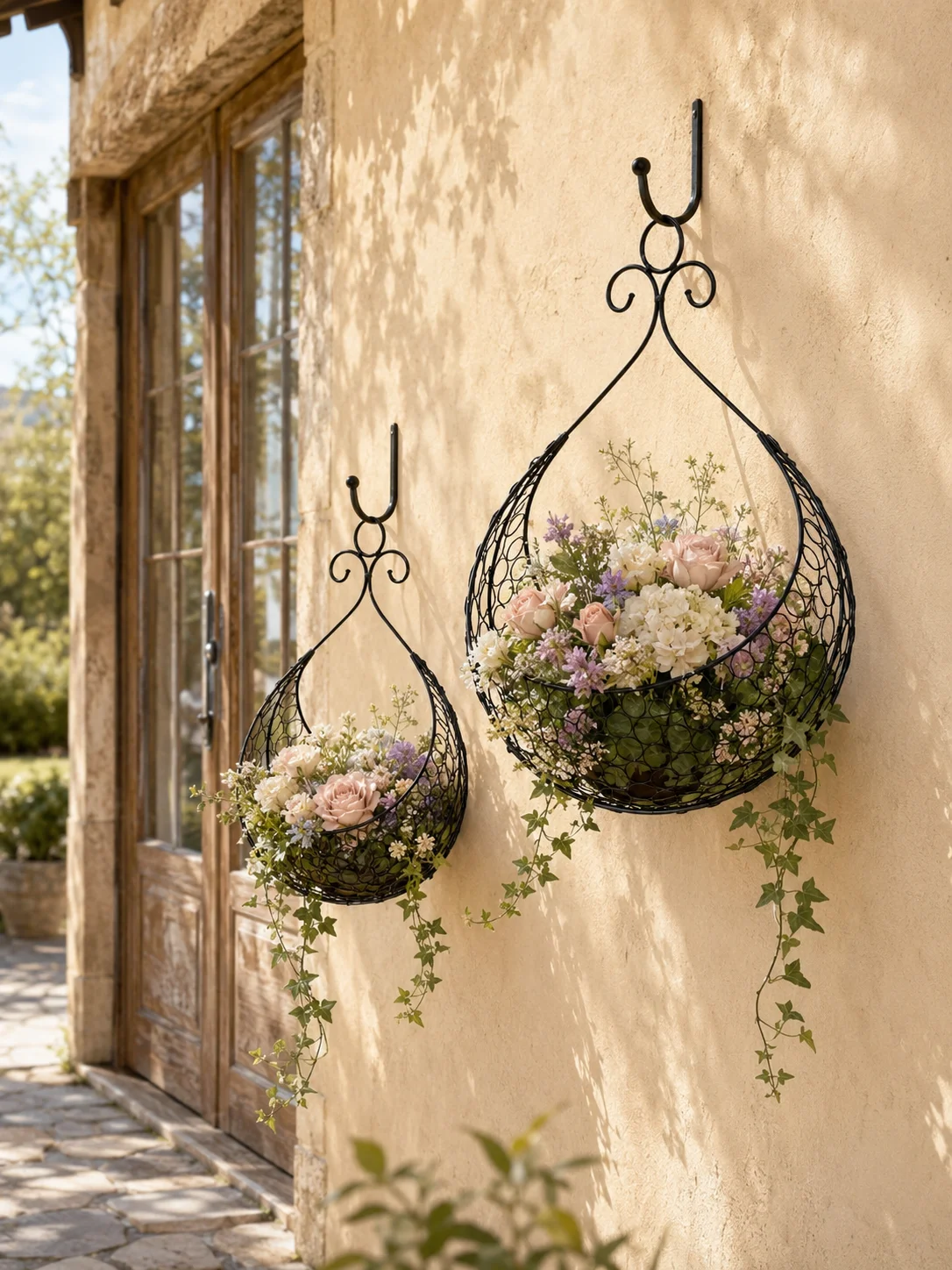 Set of 2 Vintage Iron Flower Baskets, Large and Small Openwork Metal Planter Holders, Farmhouse Garden Decor, White or Black