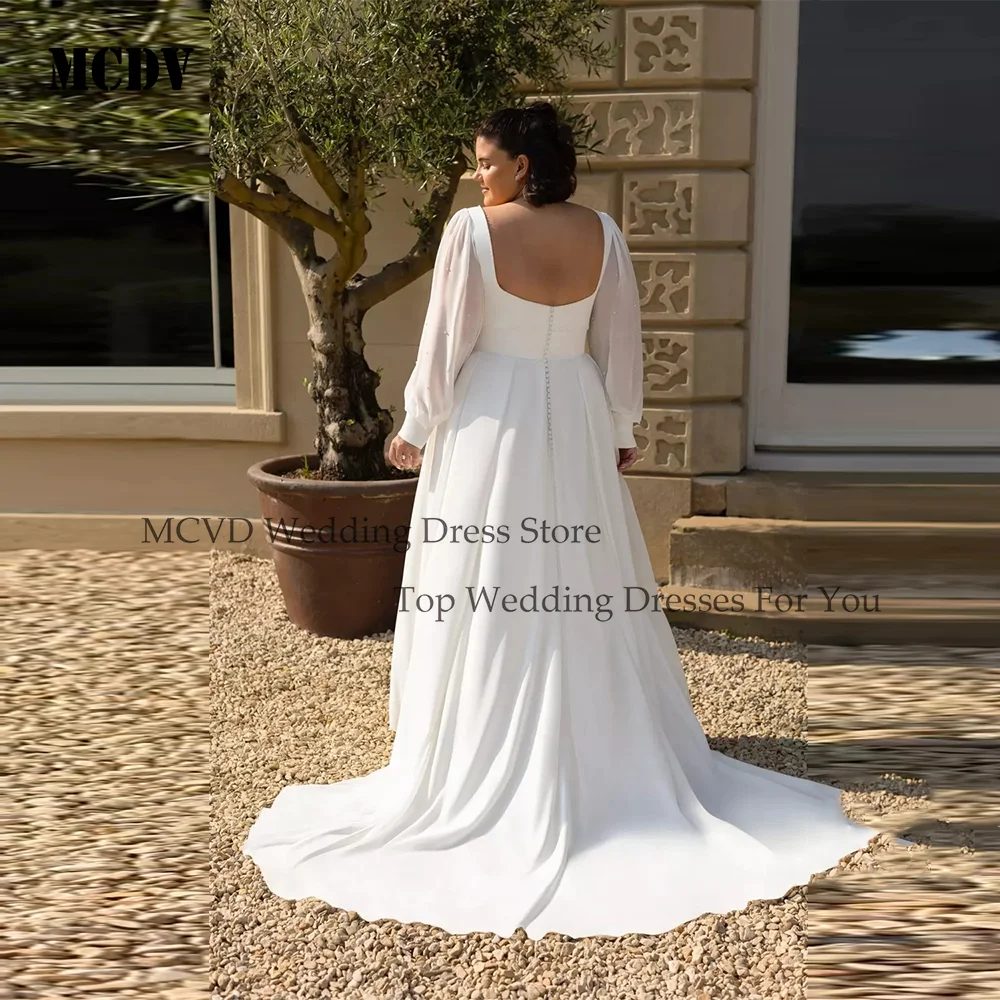 Plus Size Pearls Wedding Dresses Square Neck Long Puff Sleeve Civil Bridal Gowns Backless Boho свадебное платье Customized