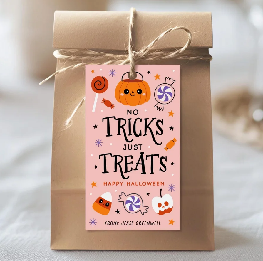 50 قطعة من علامات هدايا الهالوين قابلة للطباعة، علامة حقيبة الحلوى خدعة أو علاج، قابلة للتحرير للهالوين بدون خدع فقط علامة يعامل، حفلة الهالوين #5