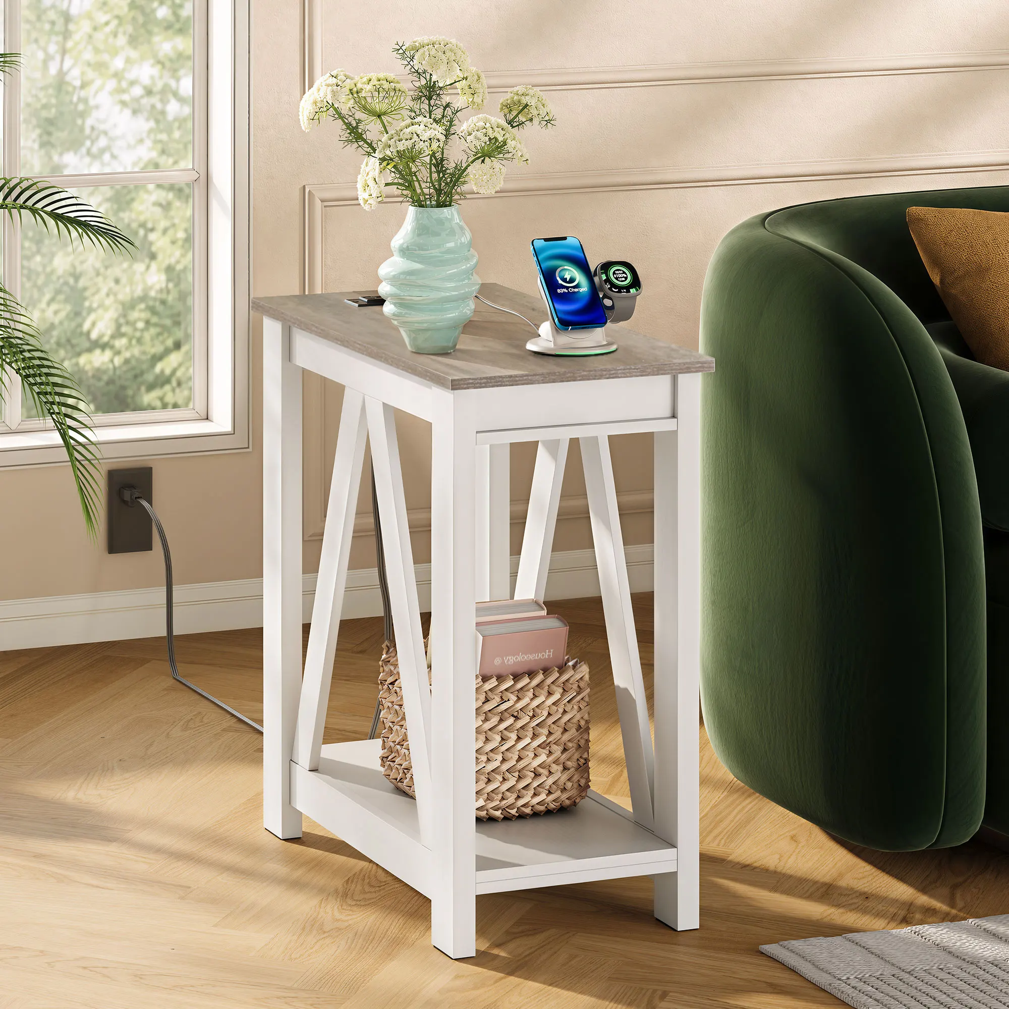 Narrow End Table with Charging Station Farmhouse Side Table Slim ETL Listed 2 AC Outlets + 2 USB Ports; Sturdy A-Shaped Frame; 55 Lbs Capacity; 2 Tier Shelves; Non Slip Pads; Easy Assembly