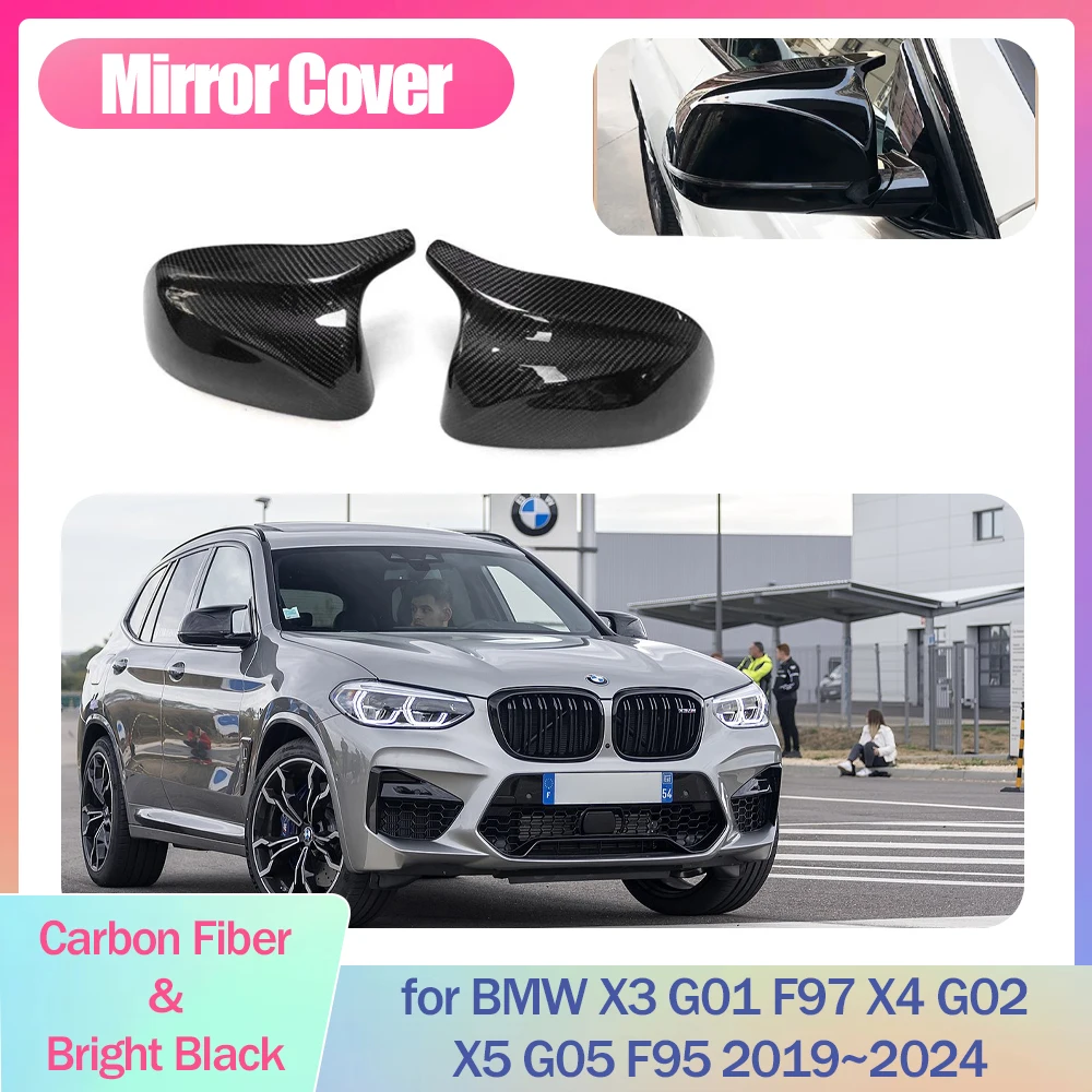 2pcs Car Mirror Cover for BMW X3 G01 F97 X4 G02 X5 G05 F95 2019~2024 ABS Cap Wing Carbon Fiber Black Trim Shell Part Accessories