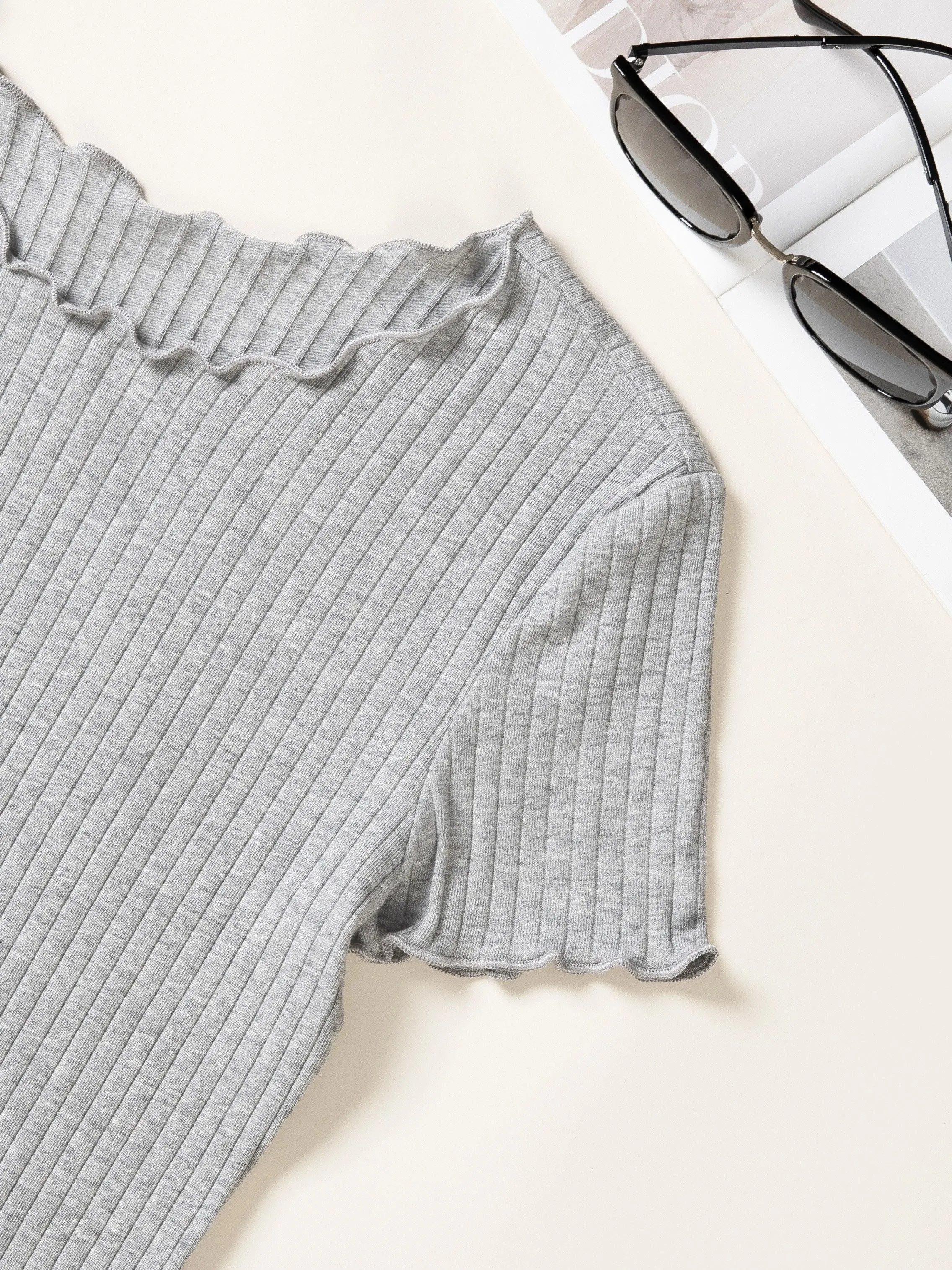 Solid Ribbed Crew Neck T-shirt Casual Short Sleeve Lettuce Trim Top Women\'s Clothing