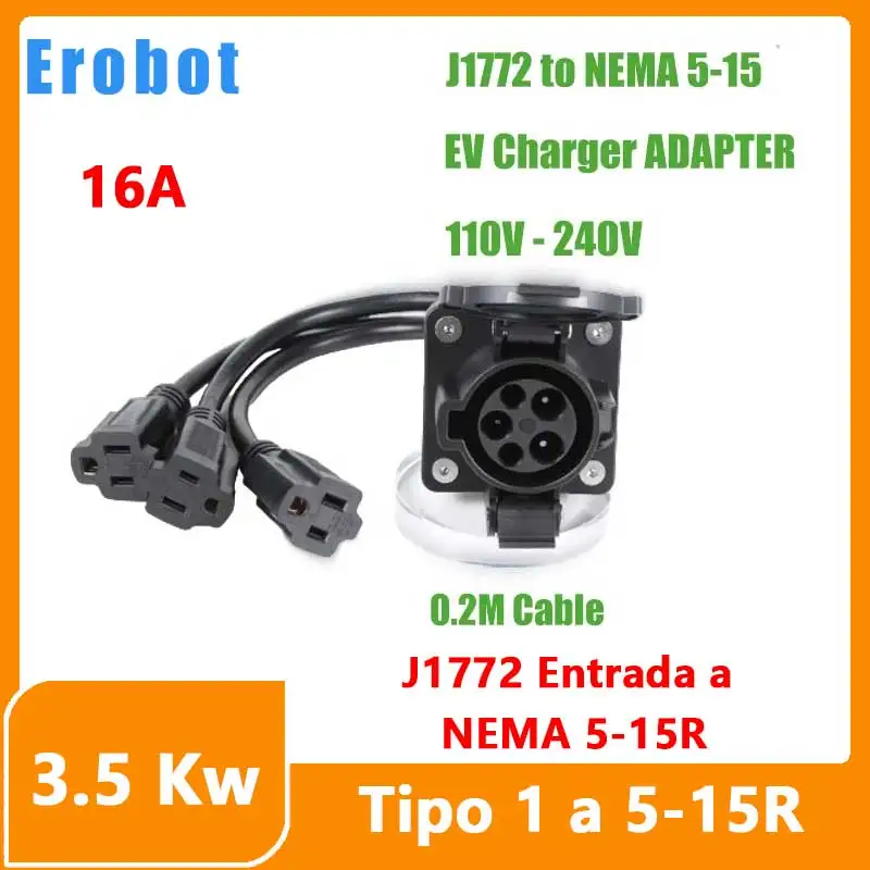 Erobot SAE J1772 Type1 Inlet To NEMA 5-15R EV Charger Adapter With 0.2M Cable For E-Bike/ESK8/e-Scooter/One Wheel In USA