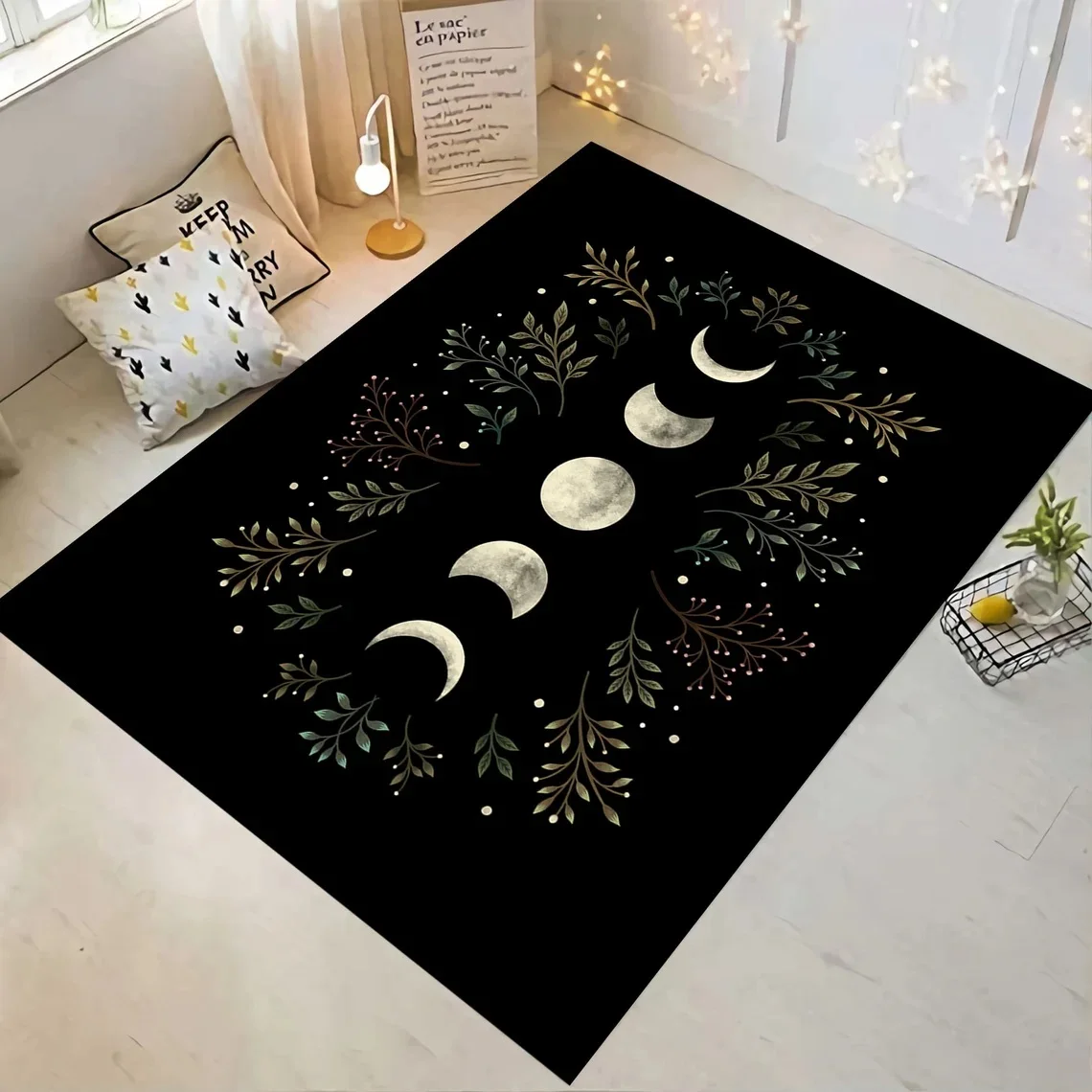 

Moonlight Garden Area Rug,Moon Carpet,Lunar Eclipse,Astrology Starry,Night Vines Leaves Floral Garden Bohemian Luna Boho