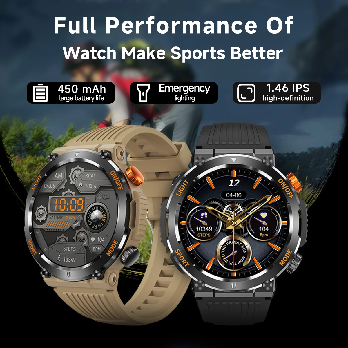 V68 Outdoor SmartWatch 1.46'' IPS Screen Compass Heart Rate Monitor Sleep Tracker Watches Multiple Sport Modes Fitness Watch