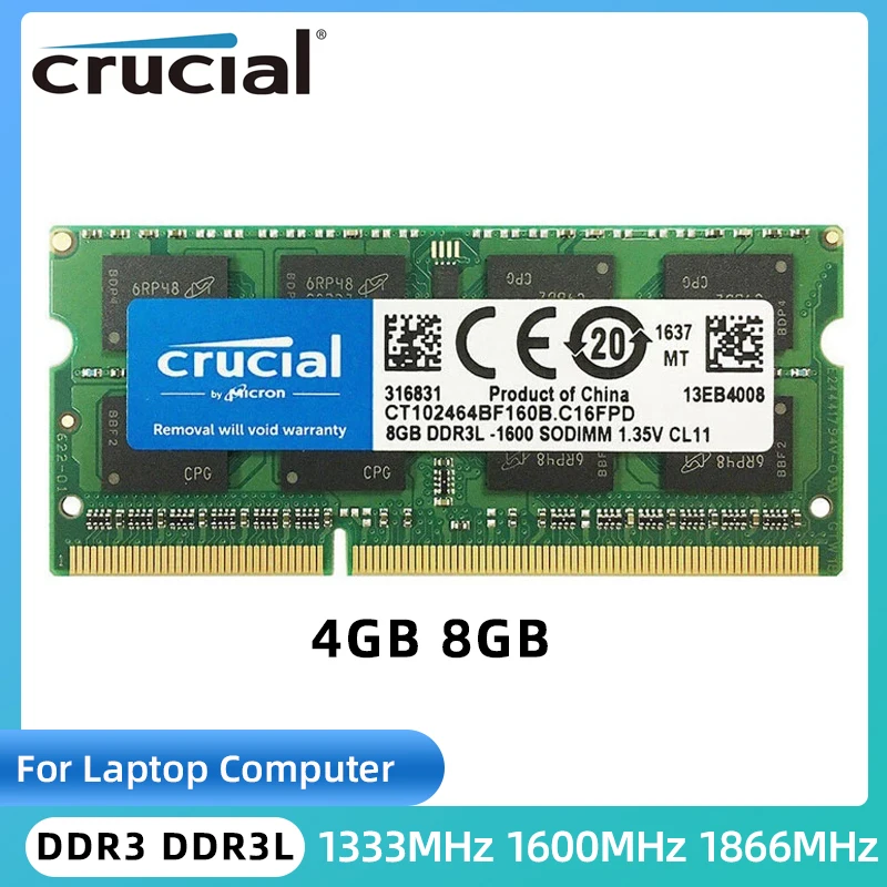 

Crucial Ram SODIMM DDR3 DDR3L 8GB 4GB 1333MH 1600MHz 1866MHz SODIMM for Laptop Notebook Memory 1.35V 204PIN Non ECC Notebook RAM