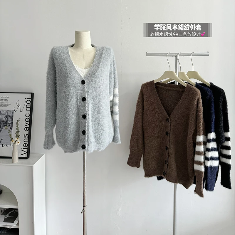

Elegant V Neck Mink Knitted Cardigan Sweater Women Autumn Winter Vintage Loose Lazy Style Long Sleeve Single Breasted Chic Tops