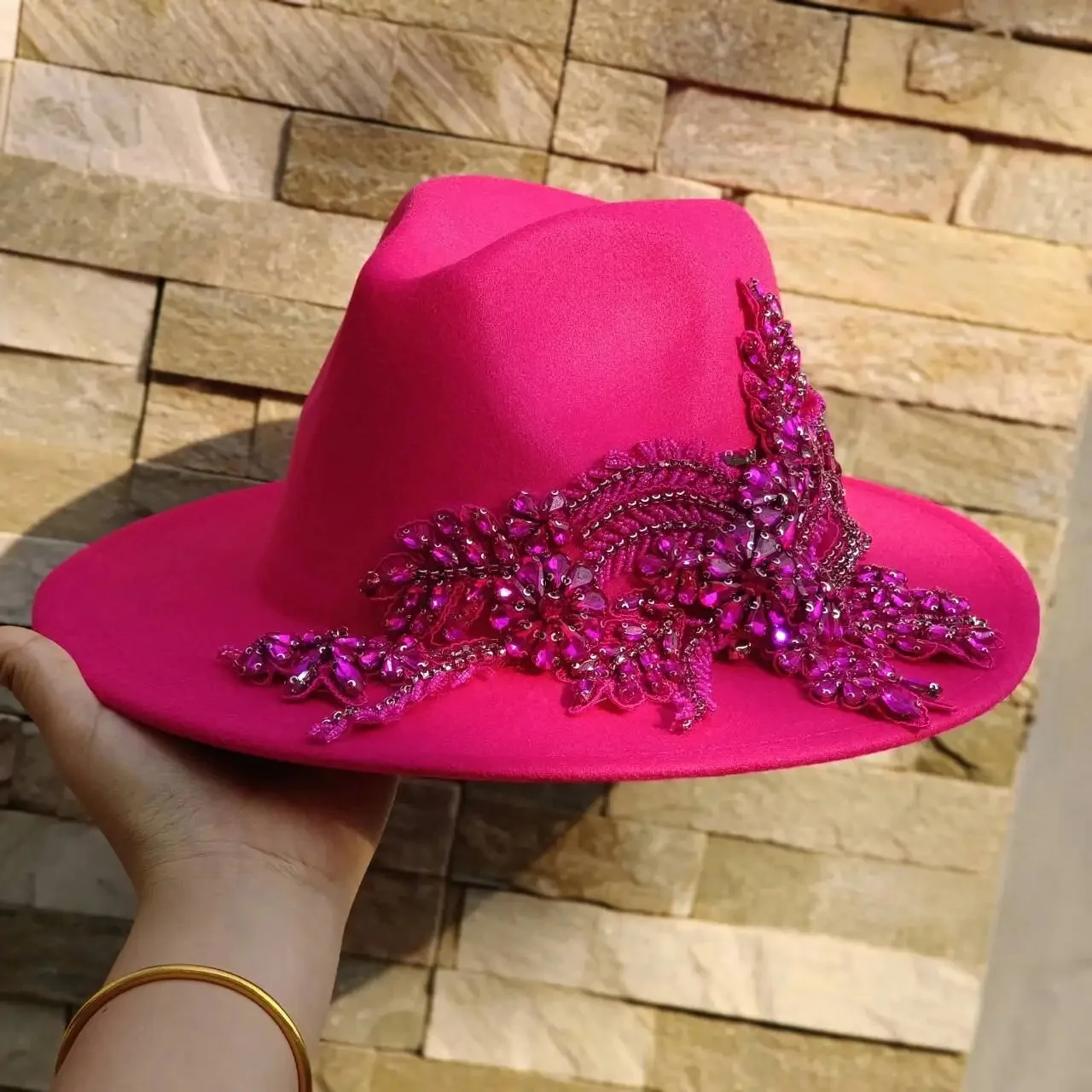 Róża DIY kapelusz kapelusz Fedora z haftem diamentowym jesień/zima wesele elegancki kapelusz podróży 56-58CM sombrero mujer — zdjęcie 2