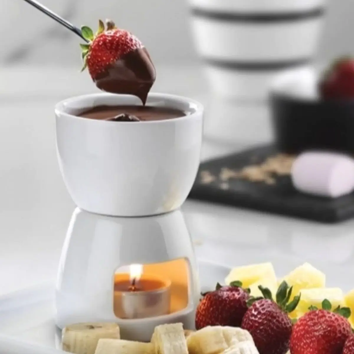 

Porcelain Mini Fondue Set Chocolate Melting Cup Special Swiss Cheese Fruit Dessert Frosting Chocolate Melting Set with Two Forks