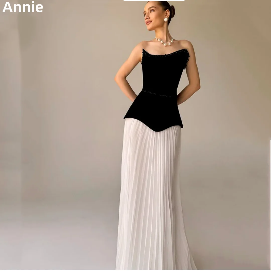 

Annie Black Waist Prom Dresses Chiffon Pleated White Evening Dresses A-Shape Elegant Lady Party Dresses فساتين سهرة