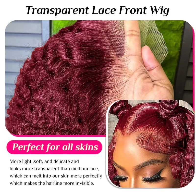 Water Wave Red Curly Lace Front Short Bob Wigs Human Hair Deep Wave 99J Burgundy 13x4 Lace Frontal Bob Wig Pre Plucked Human Hair Curly Short Bob Wig 250% Density 10-16 Inches