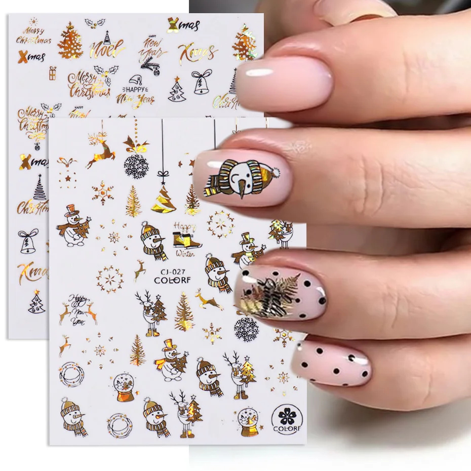 3D Laser Gold Winter Nail Stickers Decals Christmas Cartoon Snowman Santa New Year Manicure Slider Nail Decoration NLCJ019-027