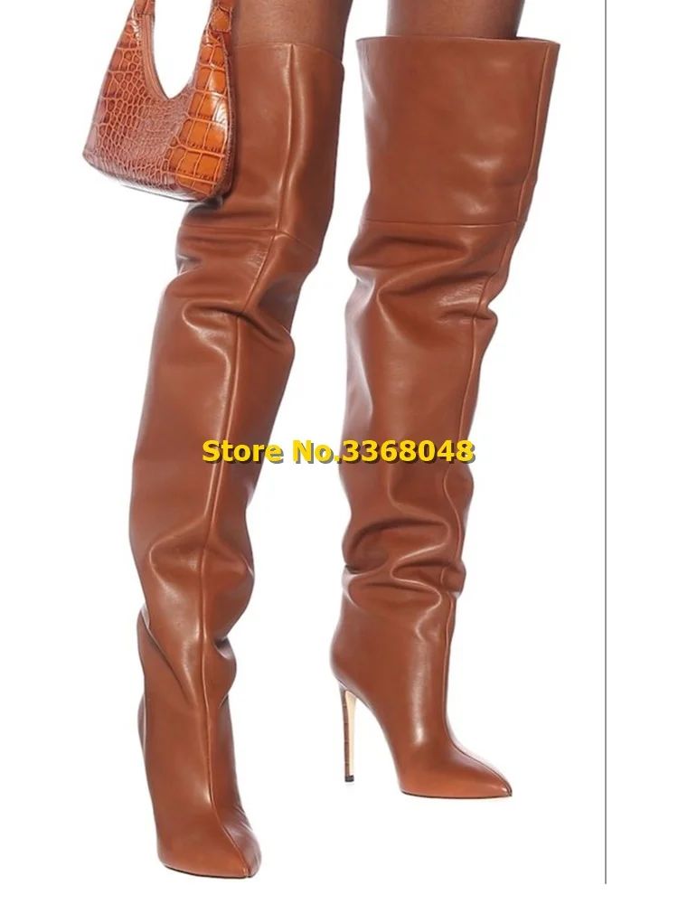 Brown Leather Thigh High Boots Stiletto High Heel Sexy Pointed Toe Over The Knee Winter 2024 Women Boots Pleated Shoes