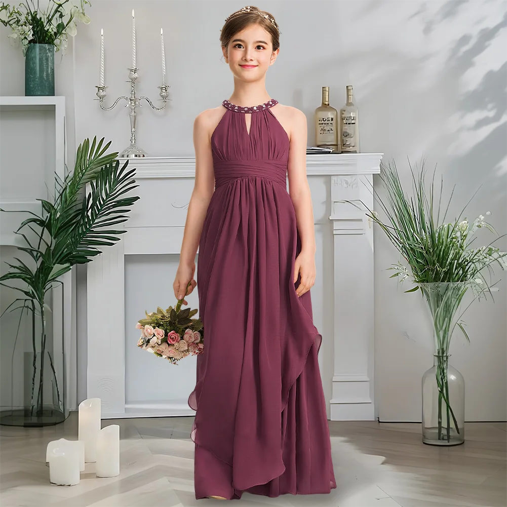 Elegancka linia A Halter do podłogi szyfonowa sukienka dla młodszej druhny z koralikami morwą piękna letnia sukienka dla dziewczynki w kwiaty