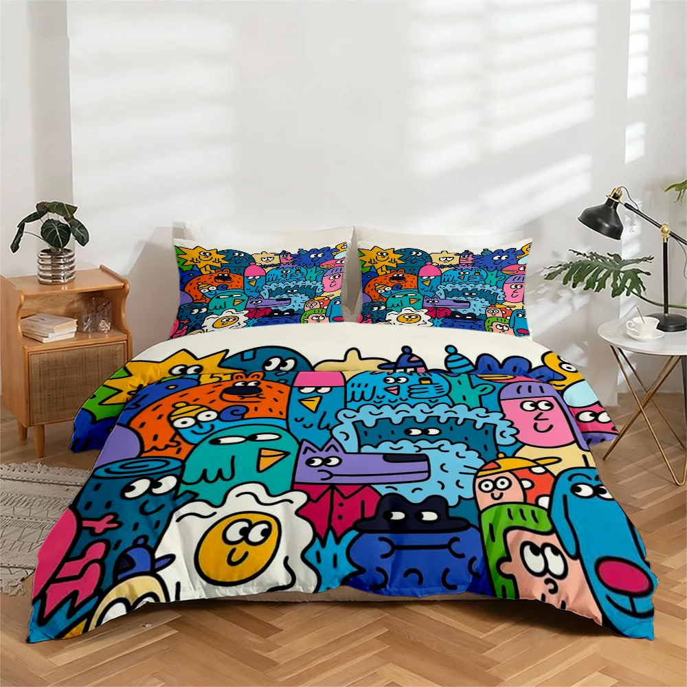 

High-Definition Digital Printed Bedding Set, Super Cute Cartoon Monster Pattern Duvet Cover Set, Large Floral Print Duvet Cover Set, Includes 1 Duvet Cover + 2 Pillowcases, Suitable for Bedroom, Guest Room, Home Decoration, Polyester Fiber Duvet Cover + P