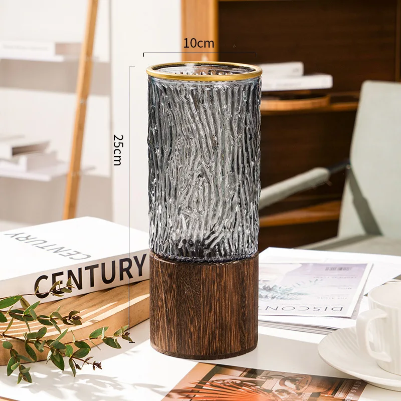 Nordic Style Minimalist Glass Vase with Wooden Base, Light Luxury Retro Tabletop Decor for Living Room & Hydroponic Plants